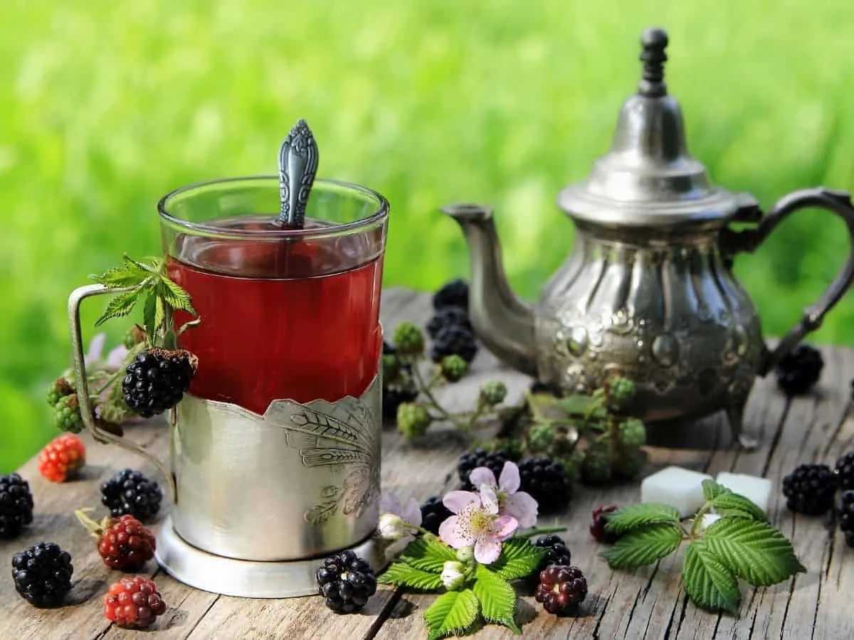 blackberry leaf tea in a pewter tea set