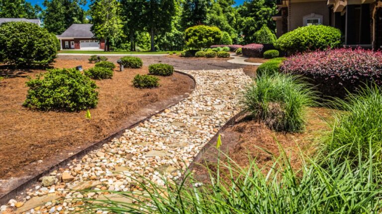 Stone path winds through a garden area beside a high-end villa