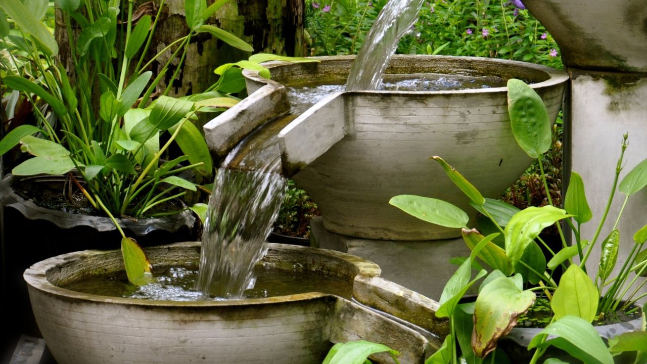 A cascading garden water feature