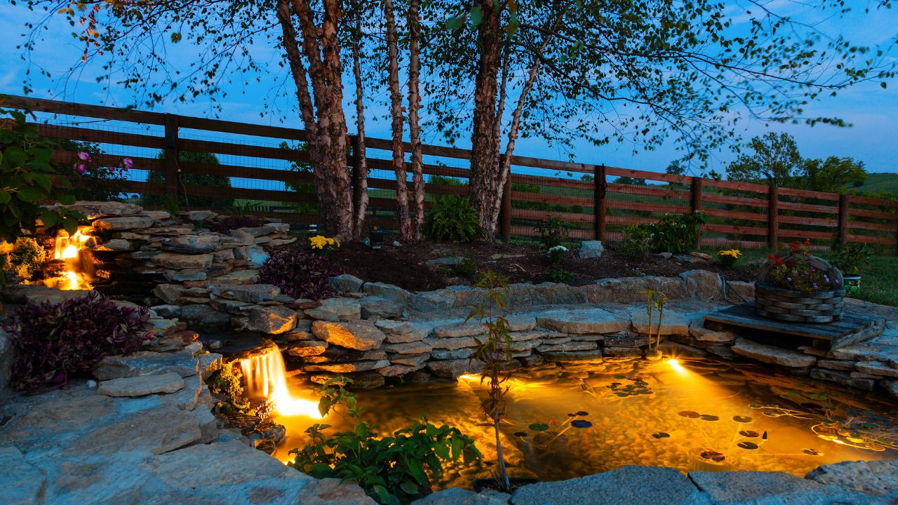 Decorative pond at night