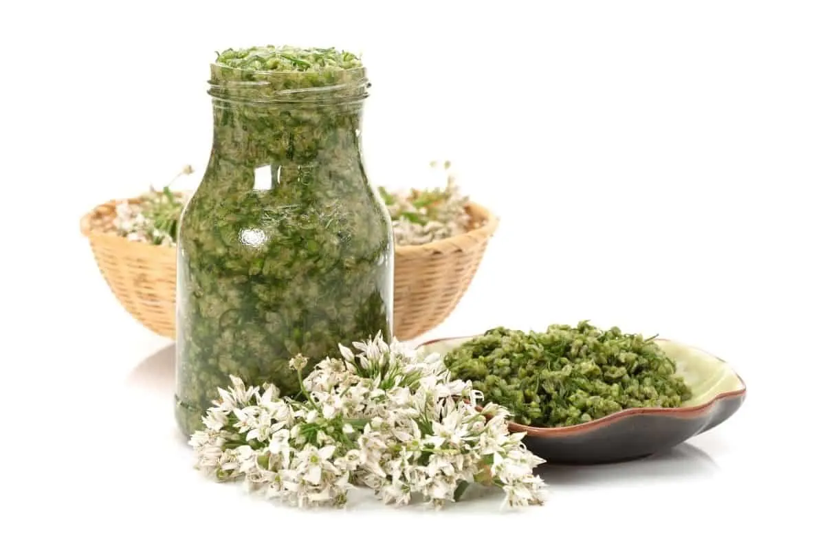 chopped garlic chives in a glass jar