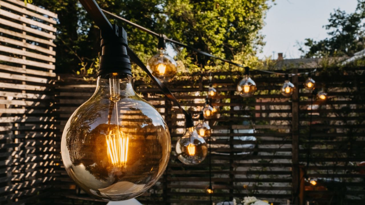 Light bulbs outdoors at a party in evening time.