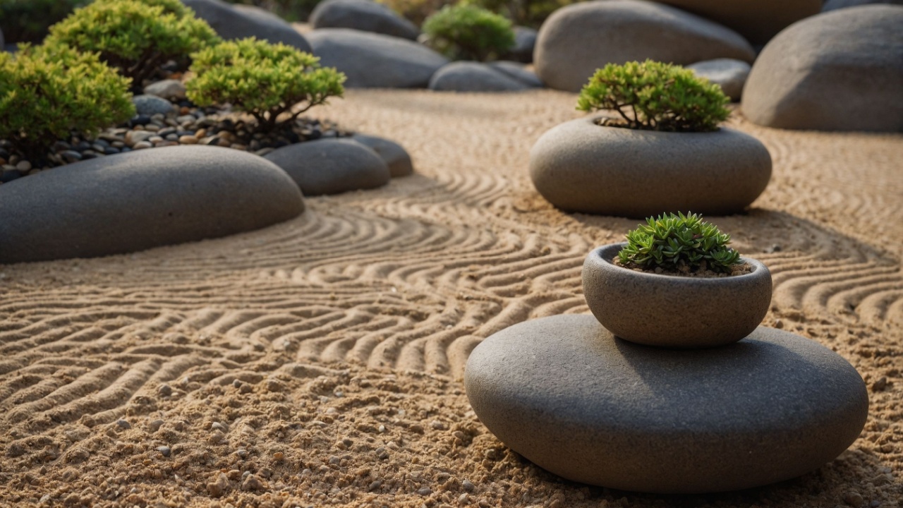 Zen garden raked sand, balanced rocks