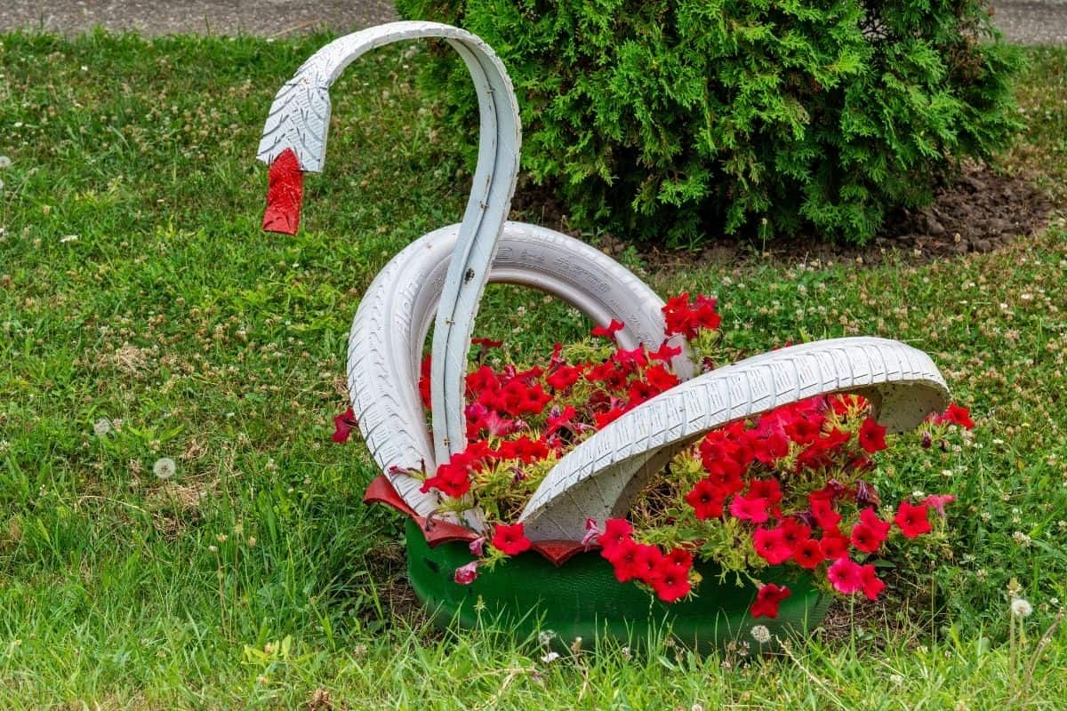 white swan made from old car tire