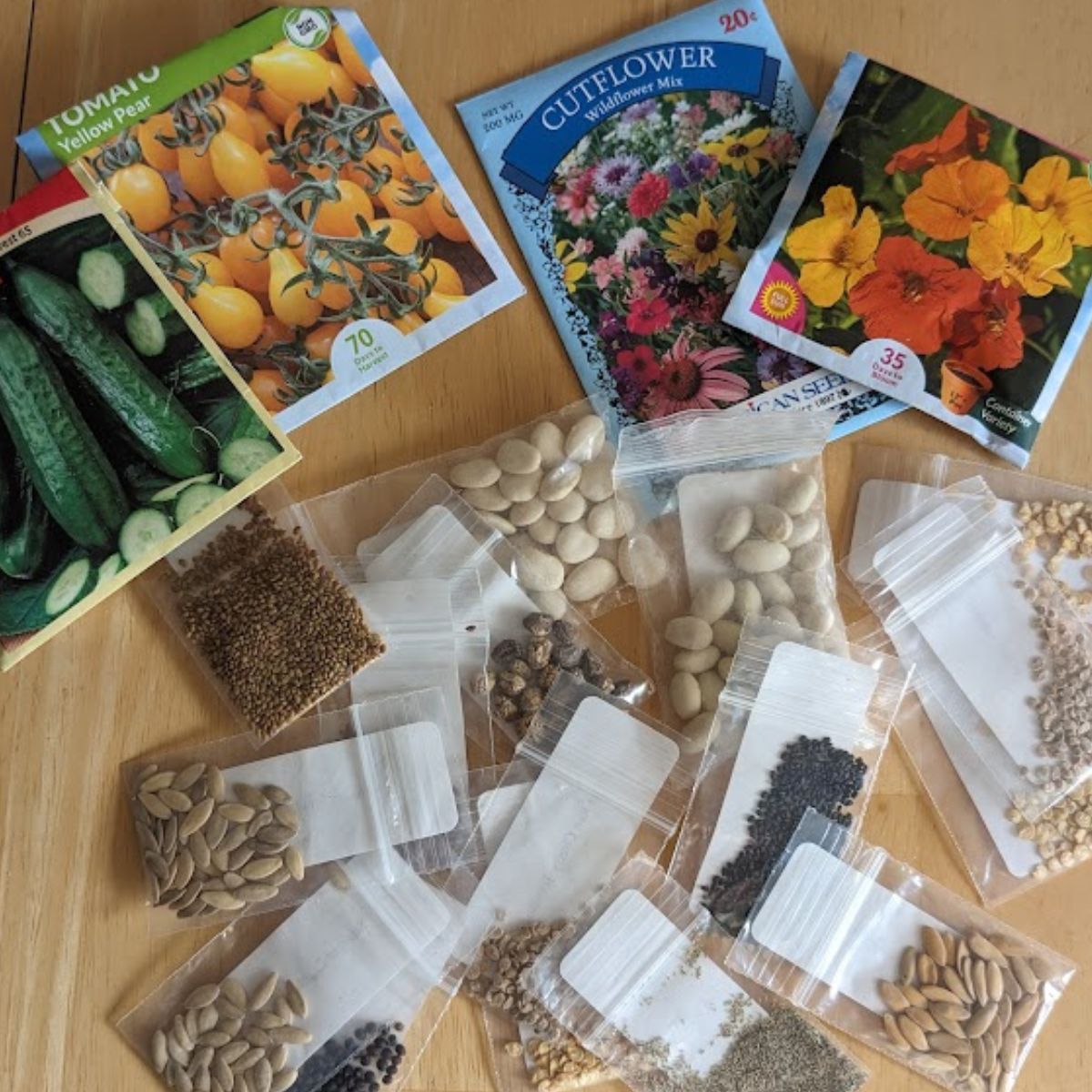 Small packets of flower and vegetable seeds.