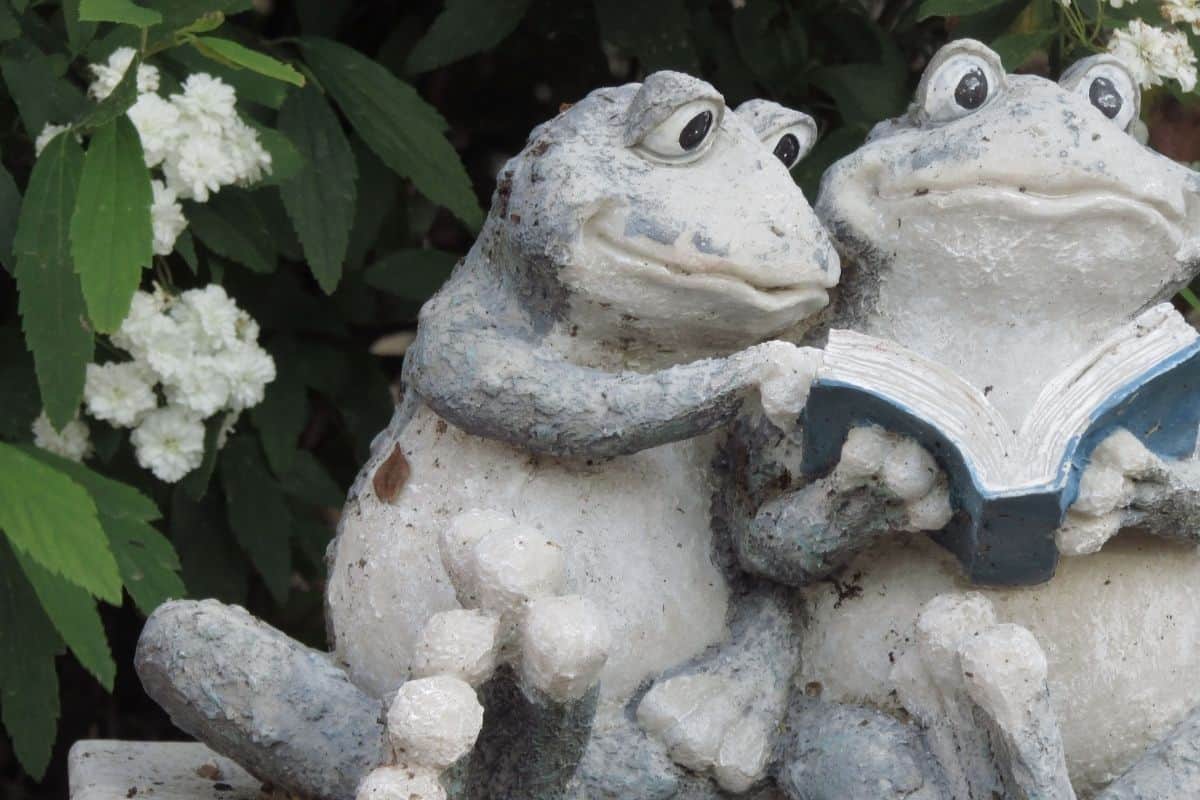 reading frogs stone statues