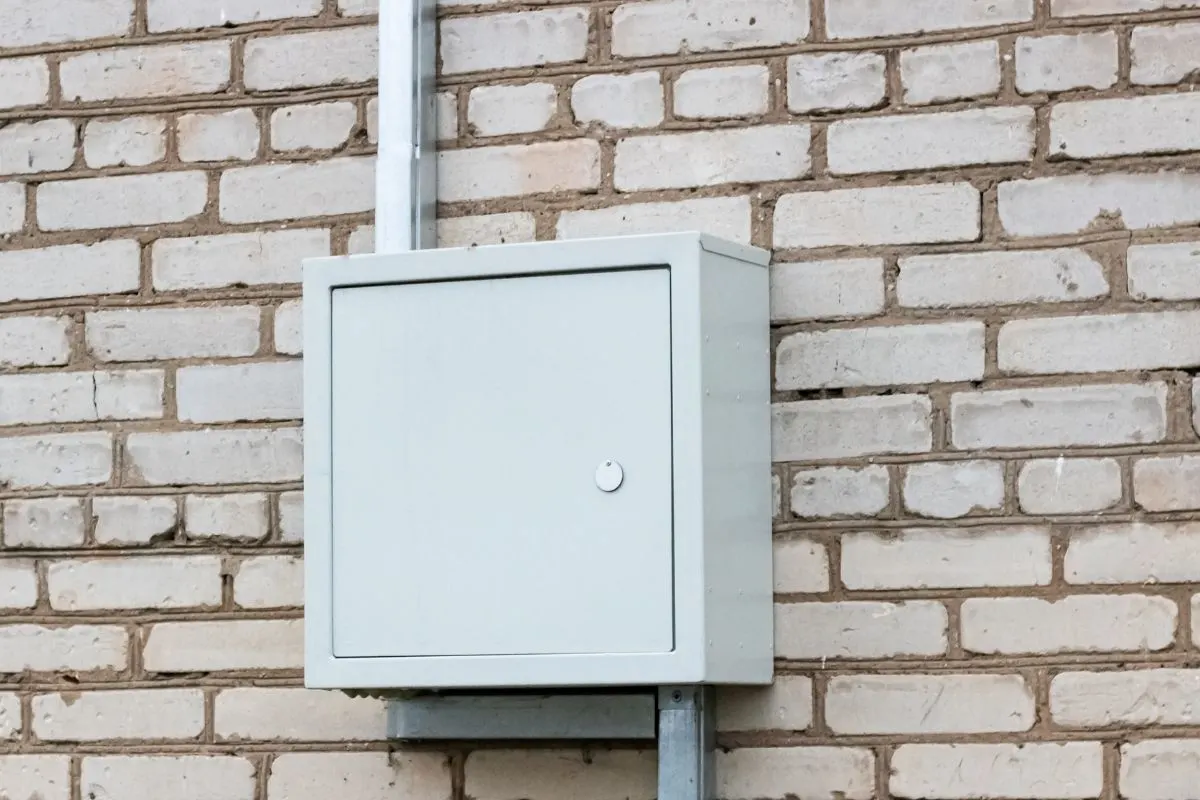 utility box against brick wall