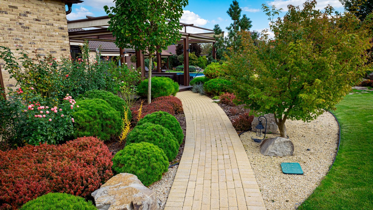 Front yard, landscape design with multicolored shrubs intersecting with bright green lawns behind the house is a modern, garden care service, green grass with a beautiful yard for the background.