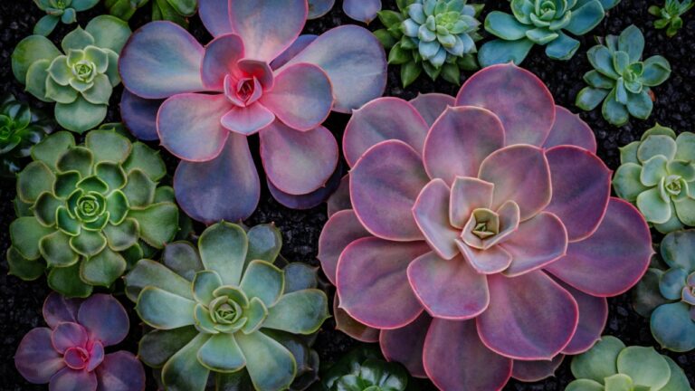 Echeveria Succulent plants on black sand background, top view, closeup. Green purple echeveria succulents collection on Potting basalt soil. Trendy Indoor Plant Gritty Rocks. Fairy Gardening print