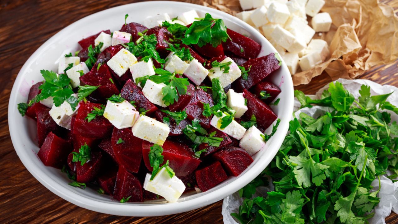 Healthy beetroot, feta cheese salad with parsley