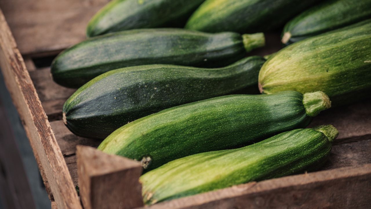 Fresh and healthy green zucchini courgettes cucumber in brown wooden tray on the marketplace