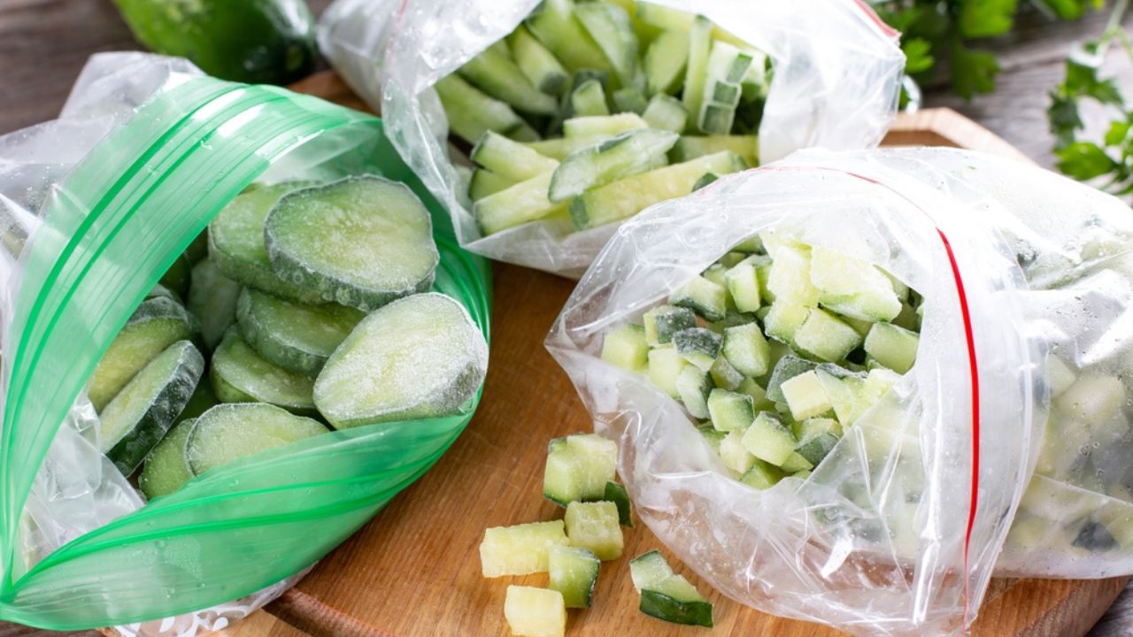 Frozen fresh green cucumber on a cutting board on wooden table. Frozen food Concept