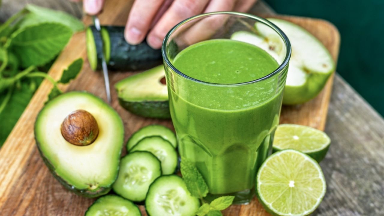 Glass of green detox smoothie with avocado cucumber lime and apple on rustic wooden background, healthy detox drink concept