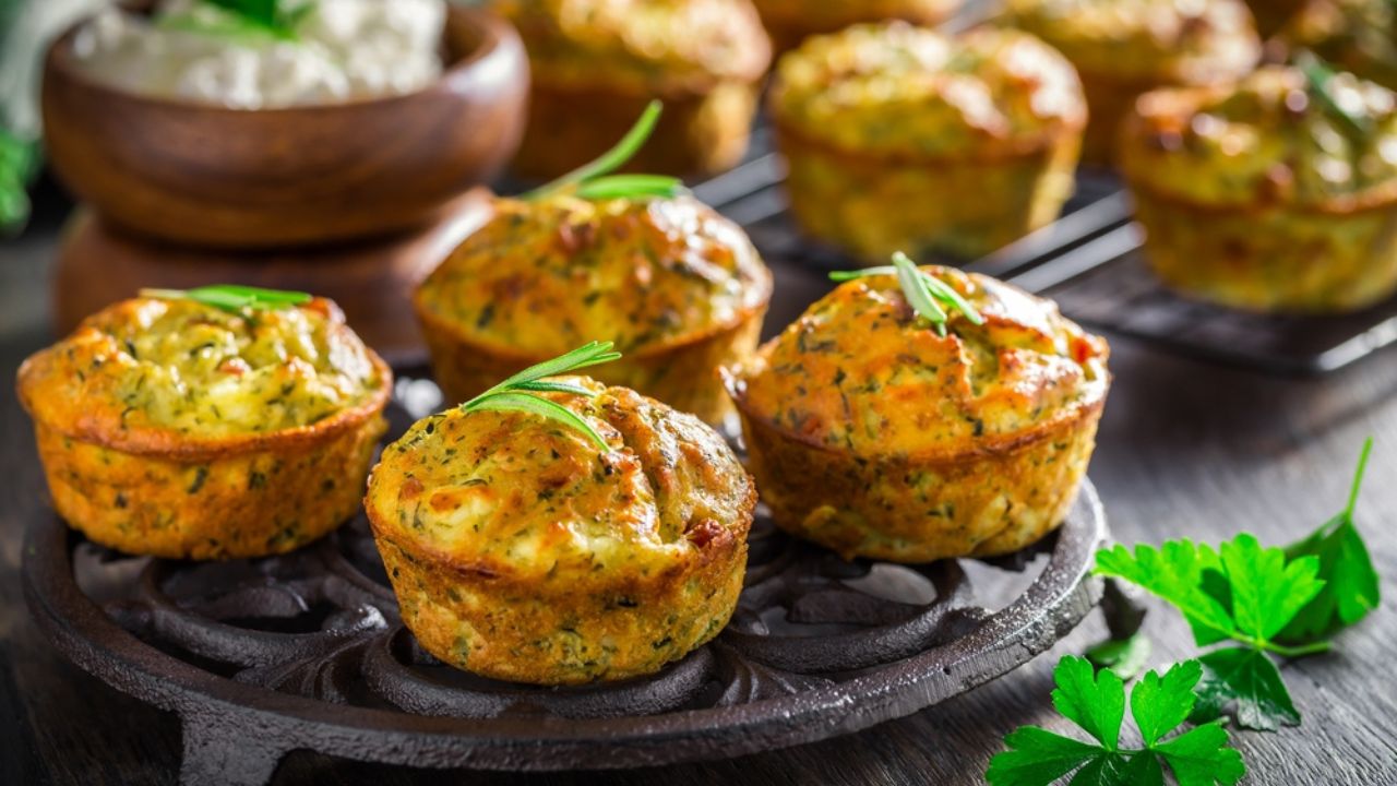 Homemade zucchini muffins with feta cheese, savory courgette with ingredients