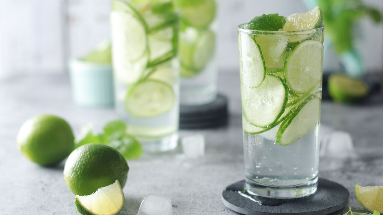 Mineral water with lime and cucumber Mineral water with lime and cucumber
