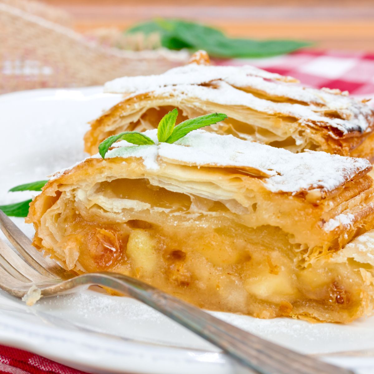 apple strudel on a white plate