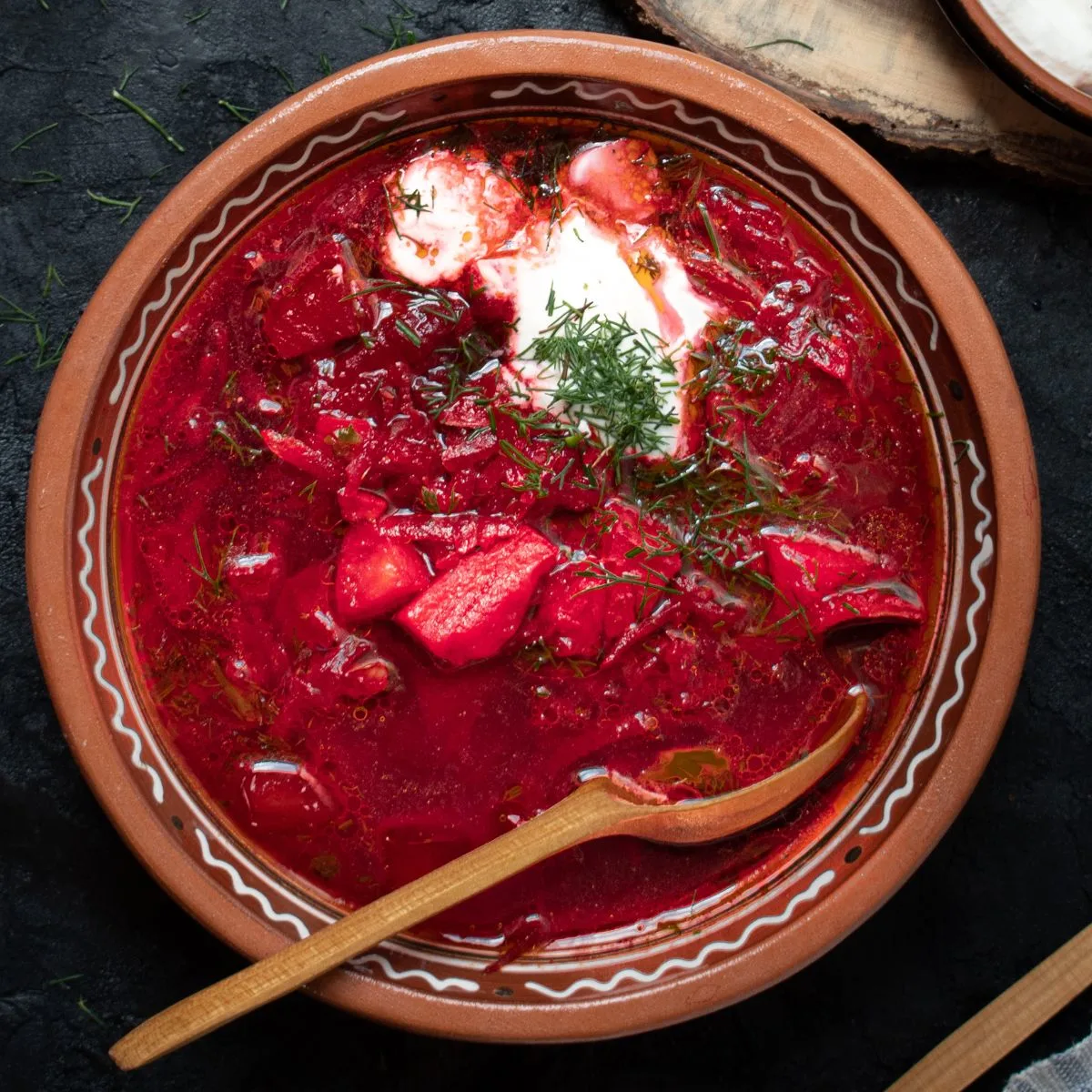 Beet borscht in a ceramic bowl
