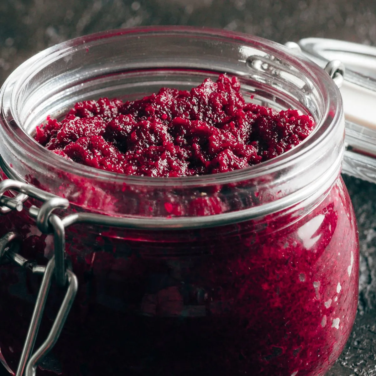 beet pesto in a glass jar