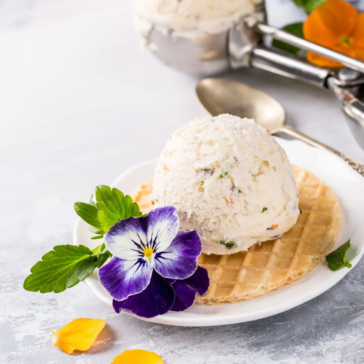 ice cream decorated with pansies