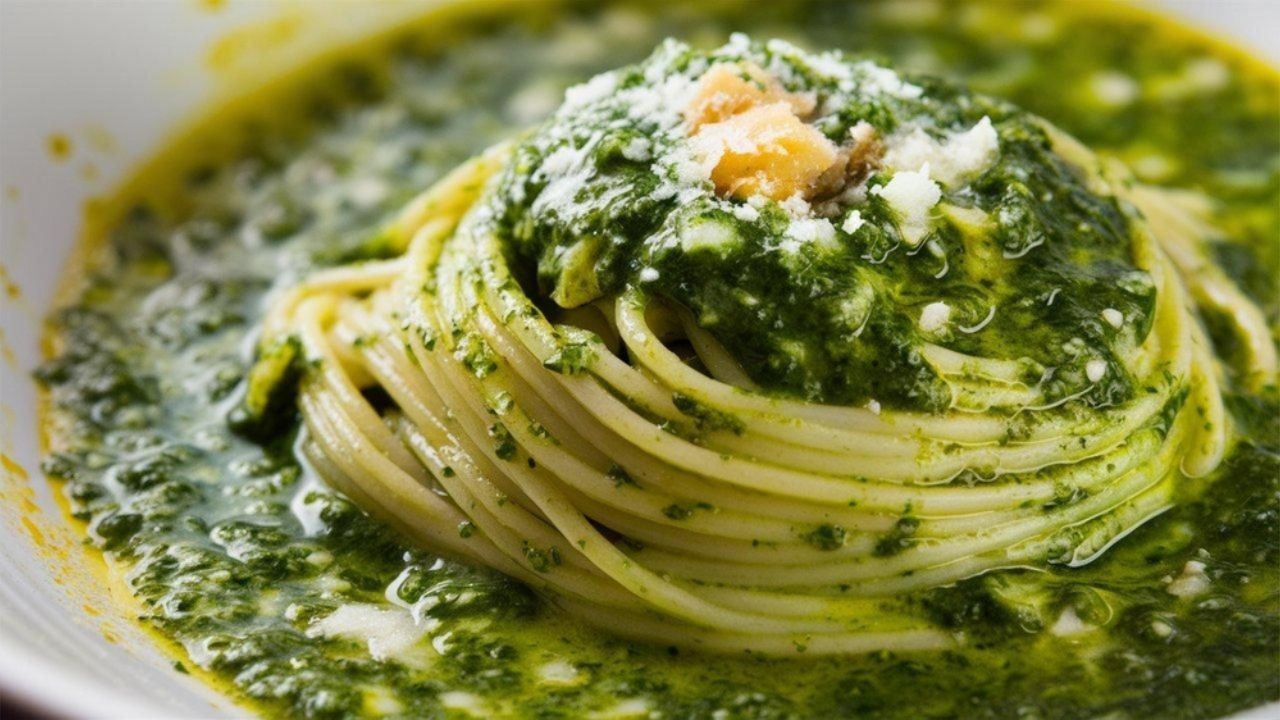 Pasta with Spinach Pesto - Fresh pasta tossed in vibrant spinach pesto with garlic, Parmesan, and olive oil.