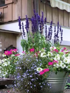 front porch flower arrangement in a metal pail.