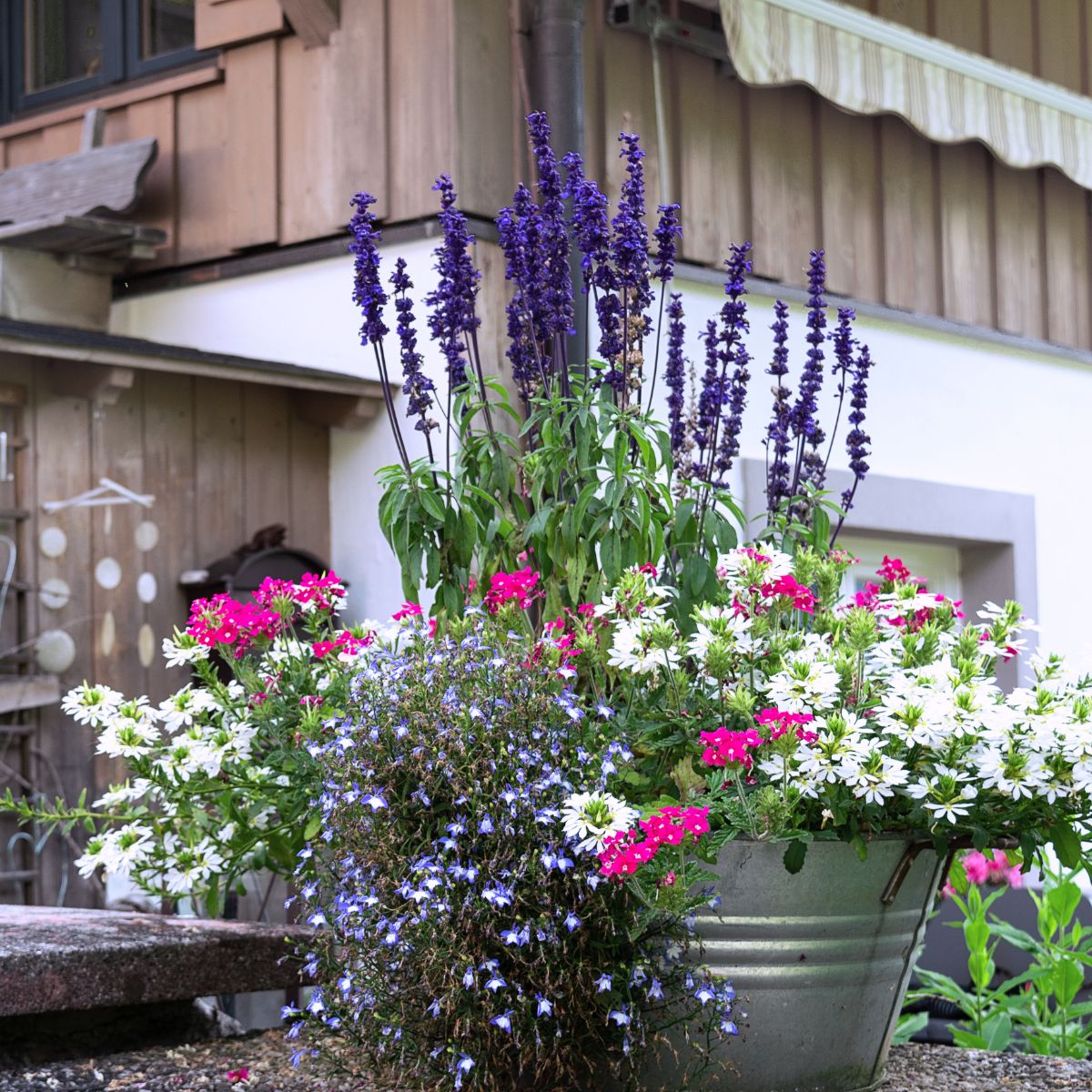 beautiful front porch flower arrangement in a metal pail. 