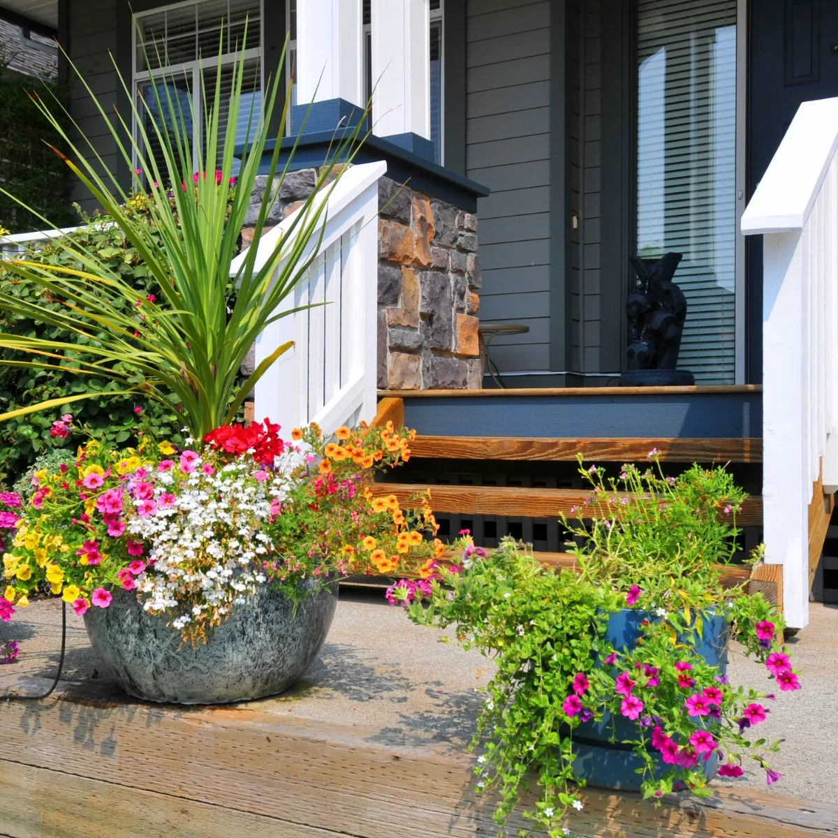 multi-colored flowers in pots greeting at the front door.