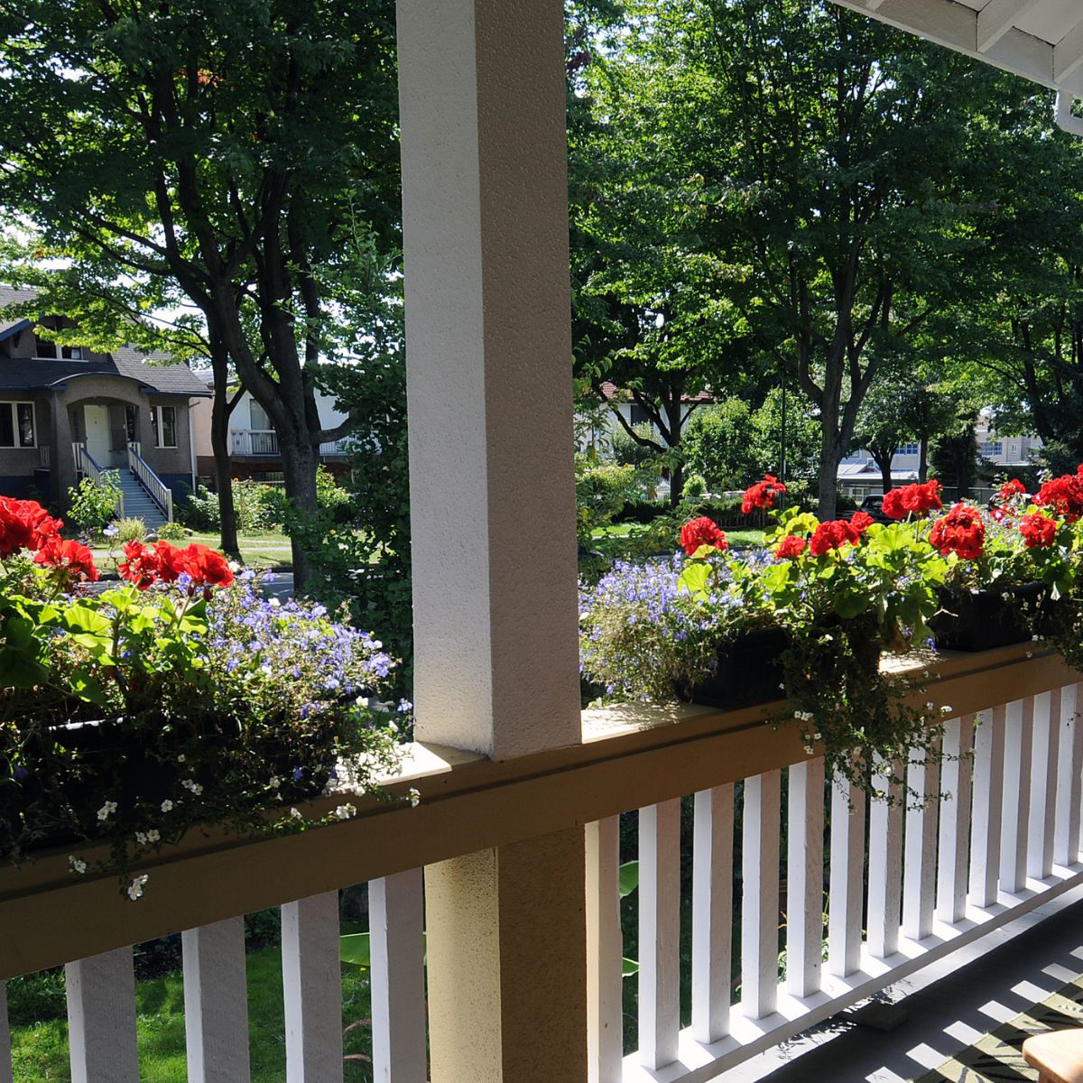 window boxes sitting on the porch railings, filled with red and blue flowers.