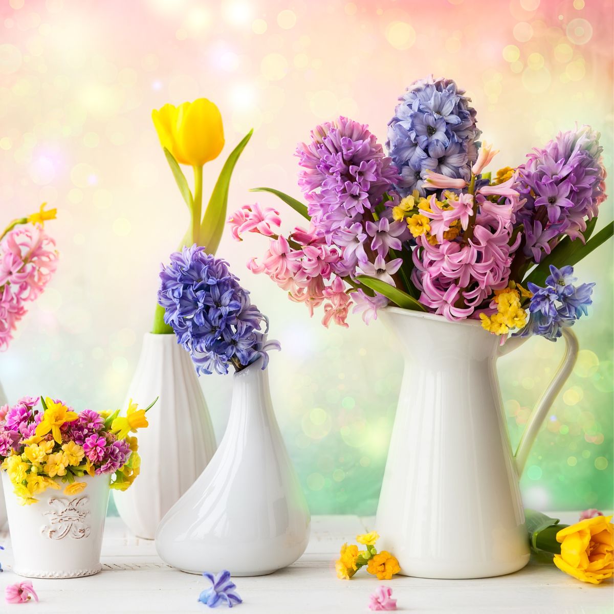 pastel-colored spring flowers in white ceramic vases.
