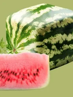 A slice of square watermelon in front of a whole cube-shaped melon.