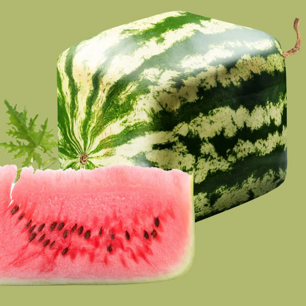 A slice of square watermelon in front of a whole cube-shaped melon. 