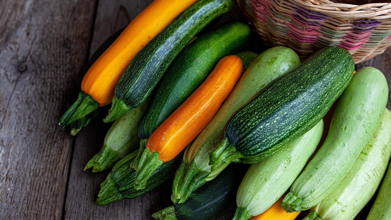 A set of multi-colored zucchini yellow, green, white, orange on the table close-up.