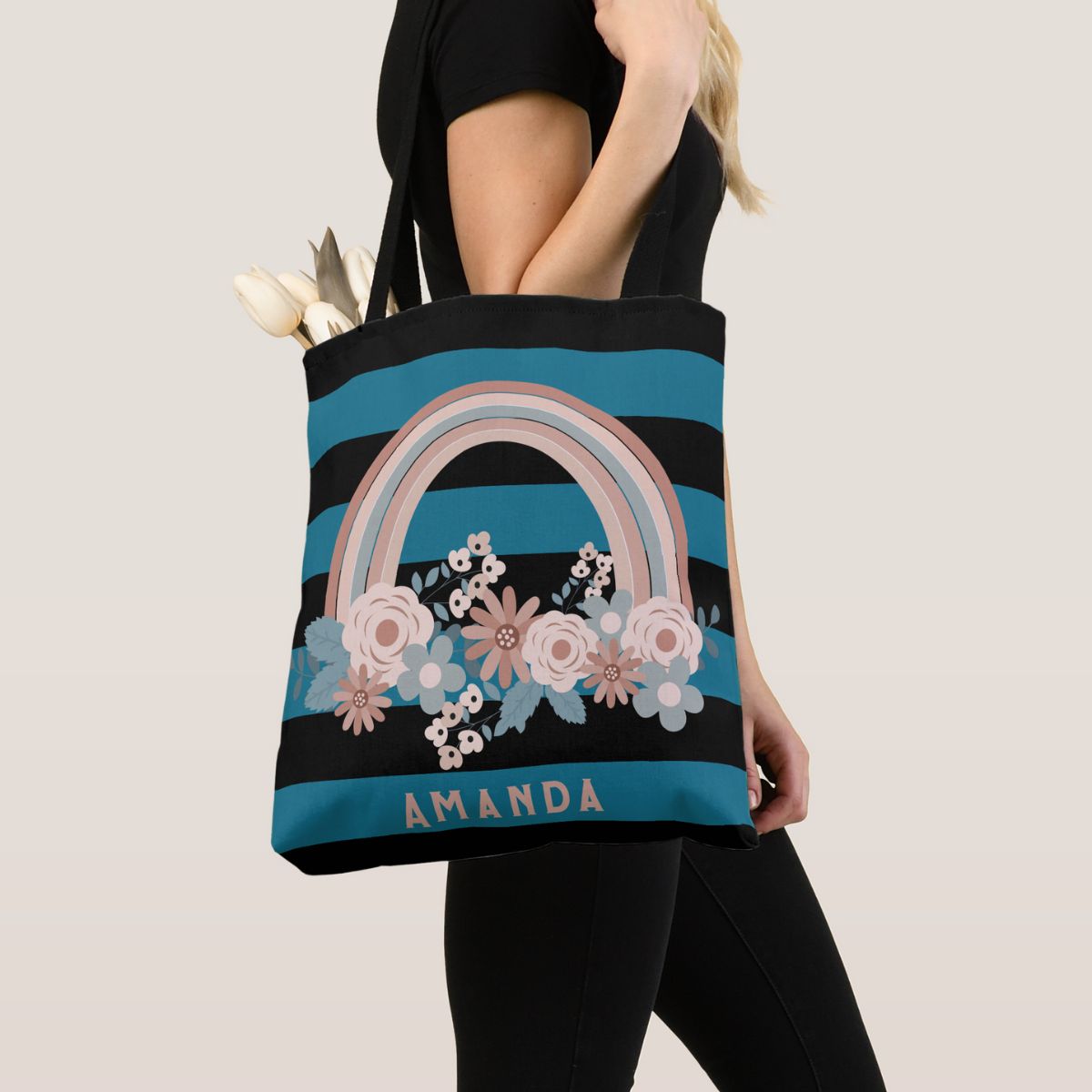 BOHO Botanical Rainbow Black And Teal Stripes Tote.