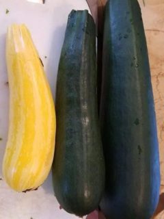 Three giant zucchini: two green and a yellow one.