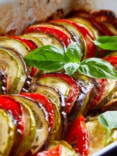 Summer bake with zucchini and tomatoes.