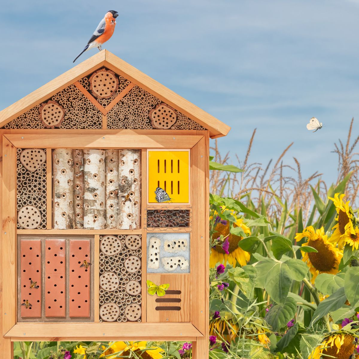A colorful bird is standing on top of an insect hotel surrounded by sunflowers.  