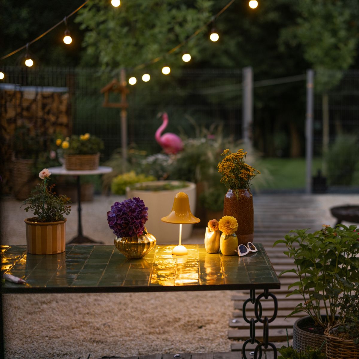 A small, soft table light illuminates a glass-top table.