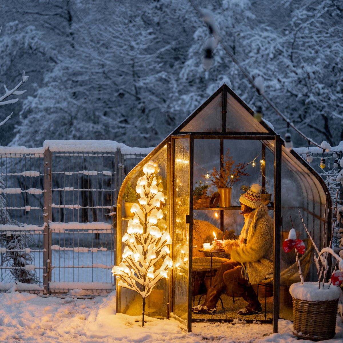 A woman sitting in a glass shed with a beautiful snow covered lit tree outside