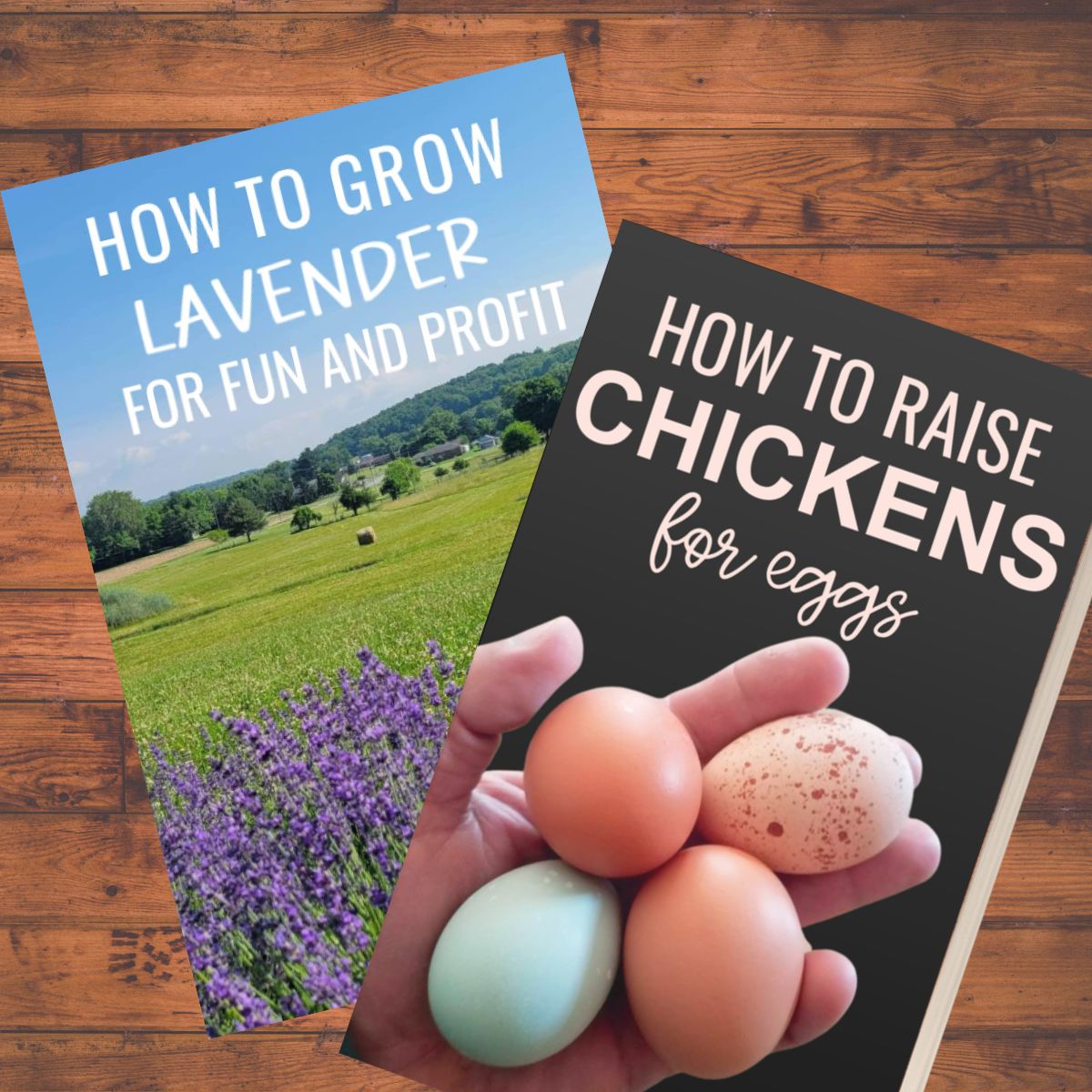 A book about planting lavender and book about raising chickens. 