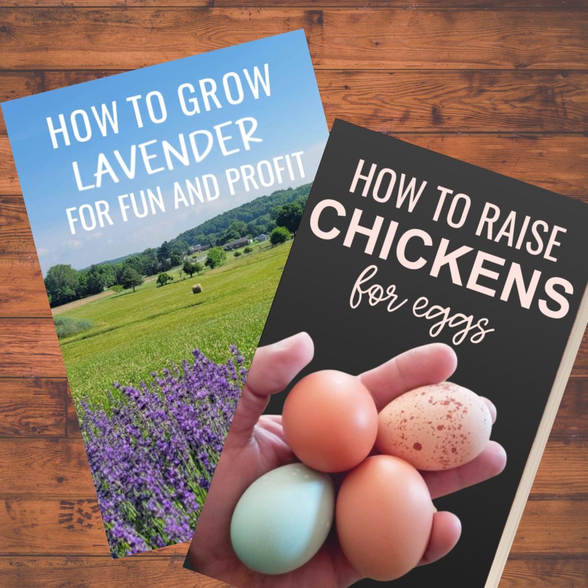 A book about planting lavender and book about raising chickens.