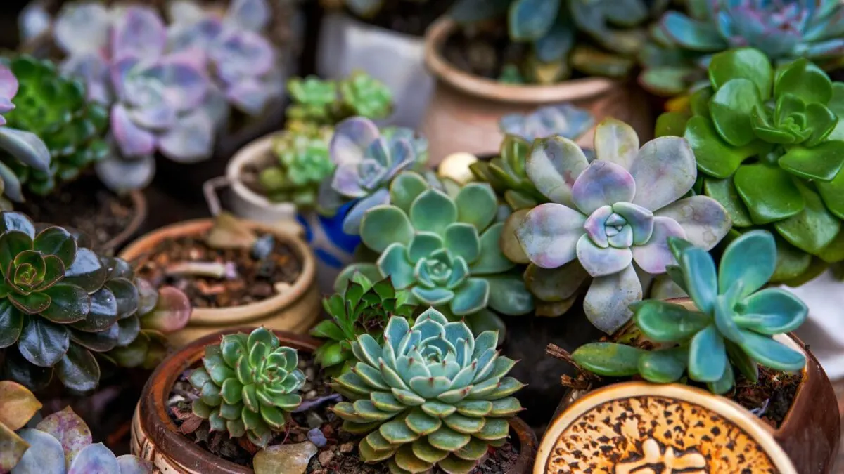 A variety of potted succulents in different shapes and colors. 