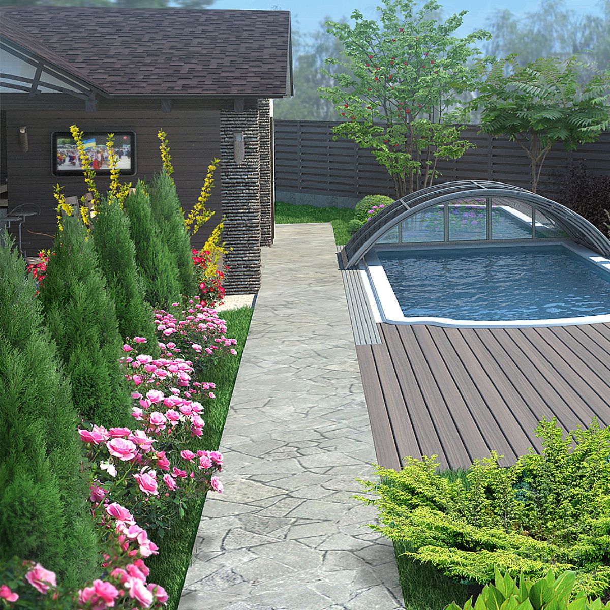 beautiful landscape around pool with arborvitae, pink roses, boxwood and a few other plants.