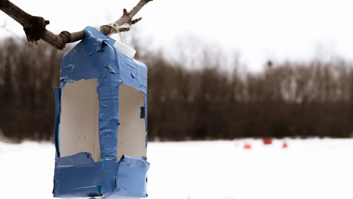 bird feeder made from an empty milk carton. 