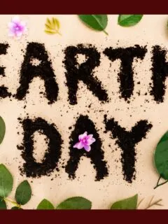 Top view of earth day lettering with leaves and buds on beige background.