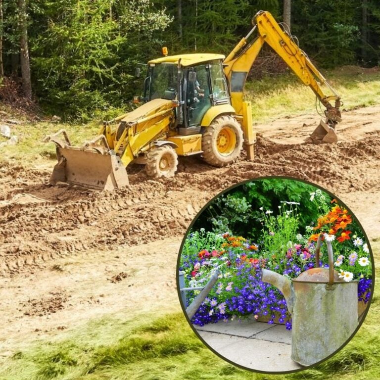 a tractor leveling off the backyard, and an insert of a future flower garden to be planted there.