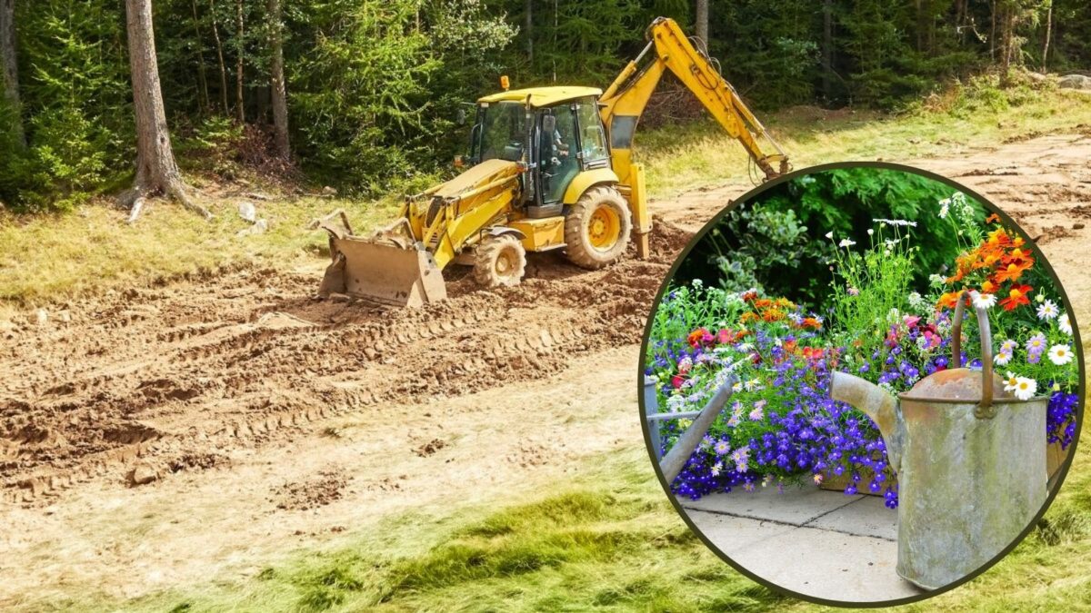 a tractor leveling off the backyard, and an insert of a future flower garden to be planted there.