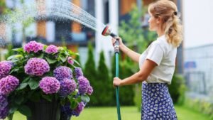 Girl holds up garden hose, watering flowers in the garden.