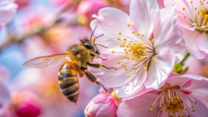 In this captivating image, a honeybee delicately indulges in nature's sweet bounty, drawing nectar from the heart of a vibrant flower. With remarkable precision,the bee navigates the intricate petals