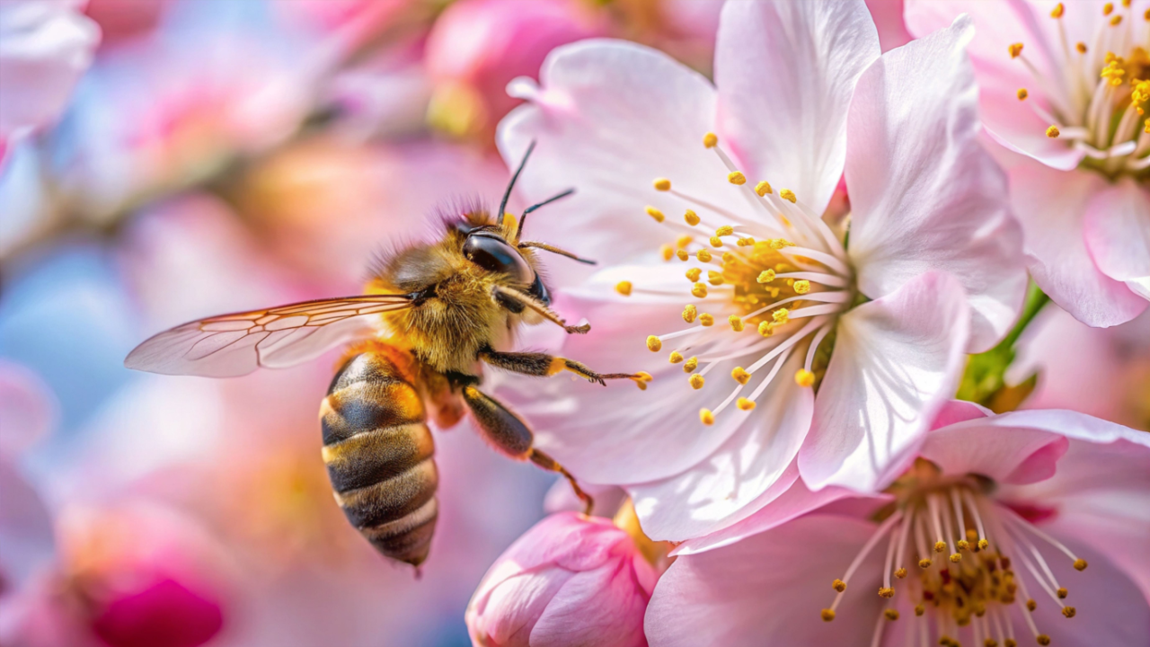 In this captivating image, a honeybee delicately indulges in nature's sweet bounty, drawing nectar from the heart of a vibrant flower. With remarkable precision,the bee navigates the intricate petals