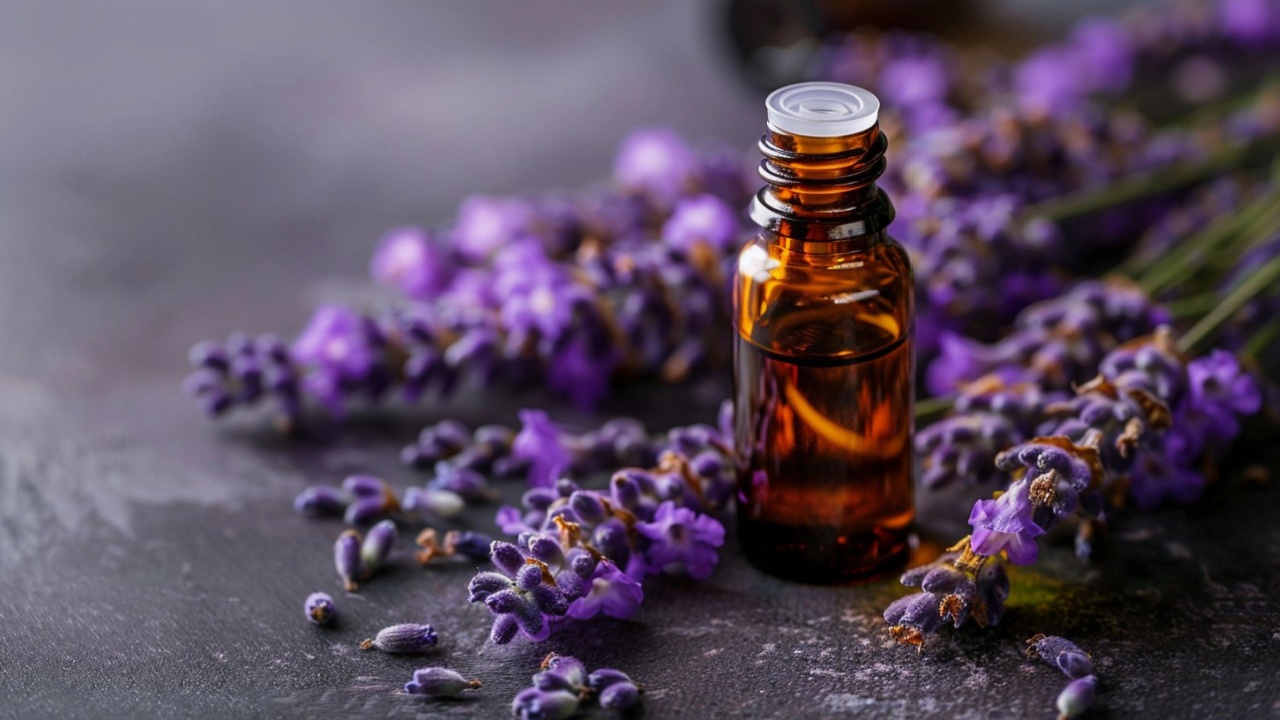 lavender essential oil in glass bottle with fresh lavender flowers, concept of alternative medicine and aromatherapy spa massage and aromatherapy